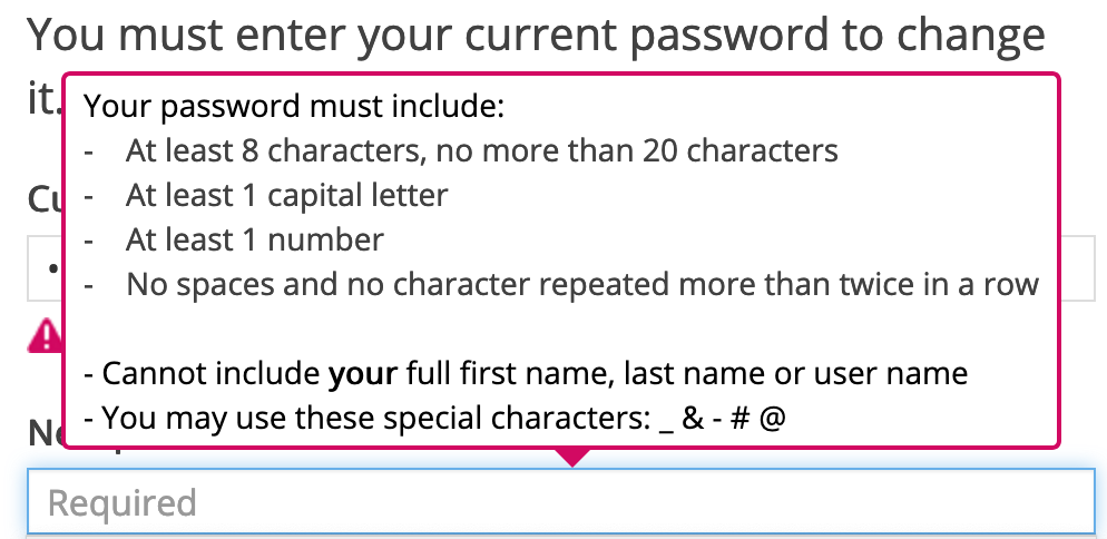 Complex password rules example screenshot