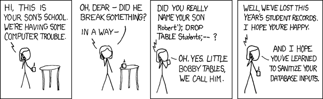 Comic strip showing an comedic SQL injection